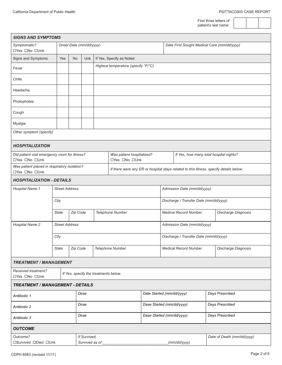 Form CDPH8583 Psittacosis Case Report - California, Page 2