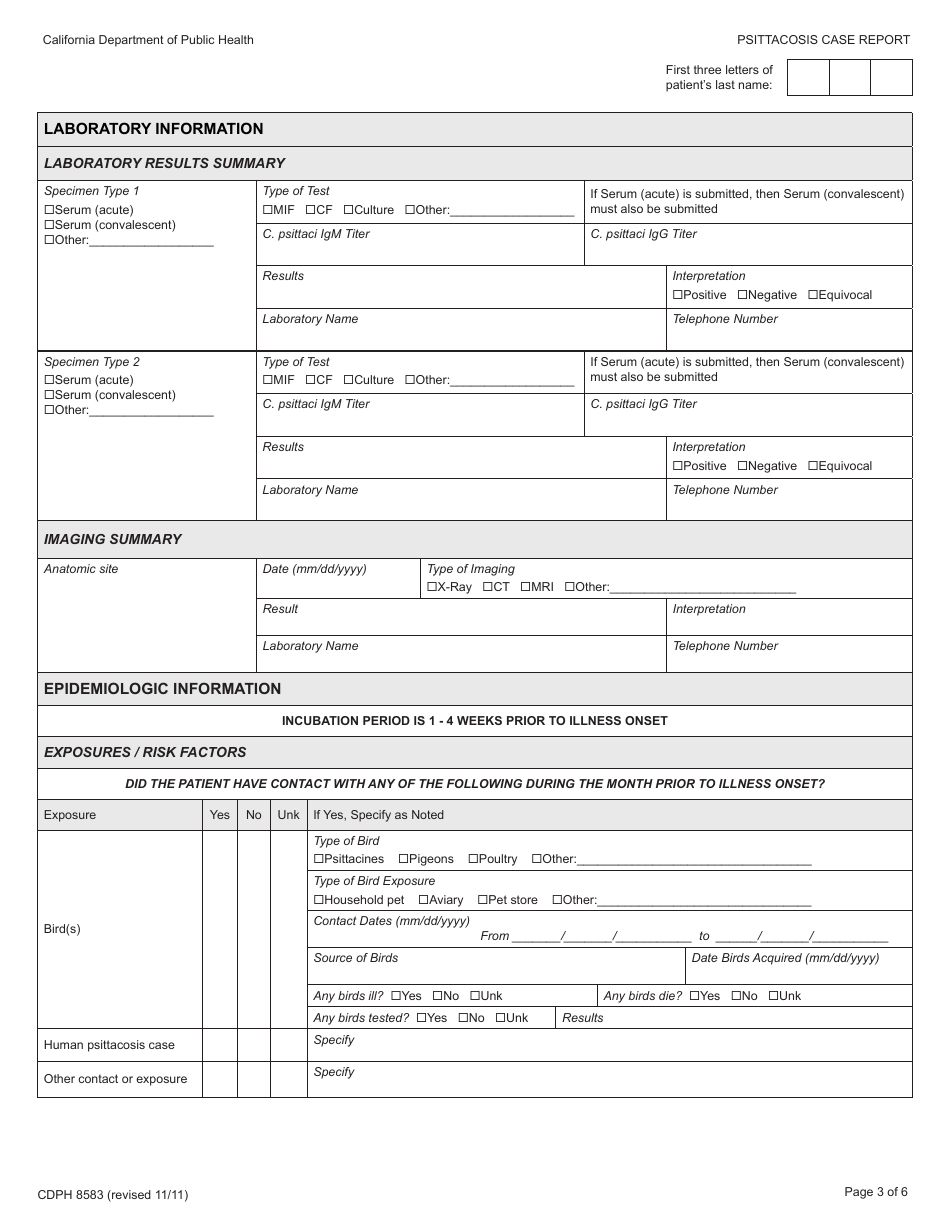 Form CDPH8583 Psittacosis Case Report - California, Page 3