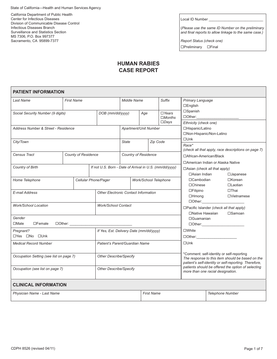 Form CDPH8526 Human Rabies Case Report - California, Page 1