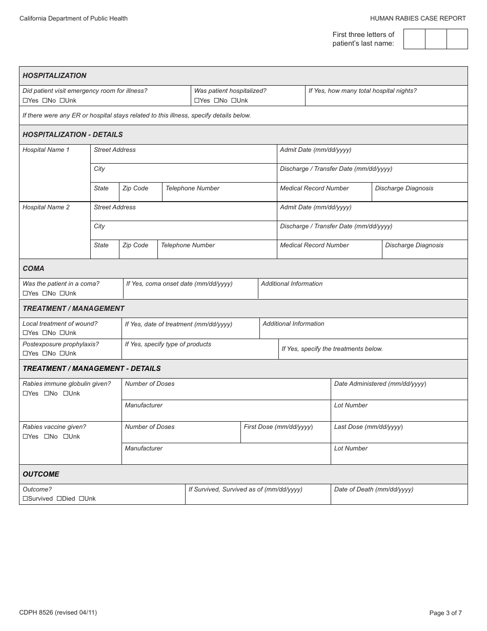 Form CDPH8526 Human Rabies Case Report - California, Page 3