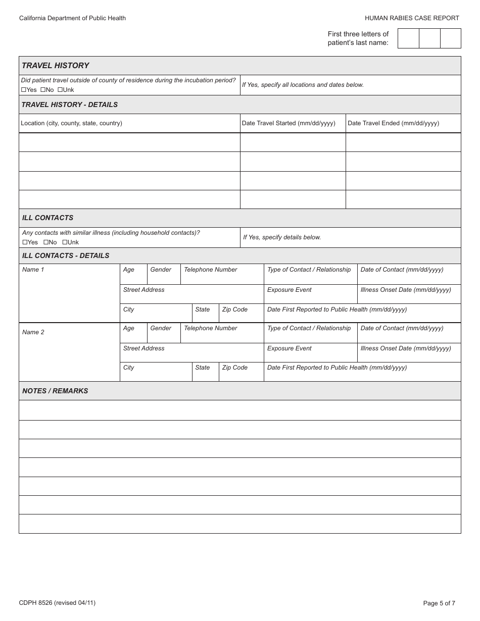 Form CDPH8526 Human Rabies Case Report - California, Page 5