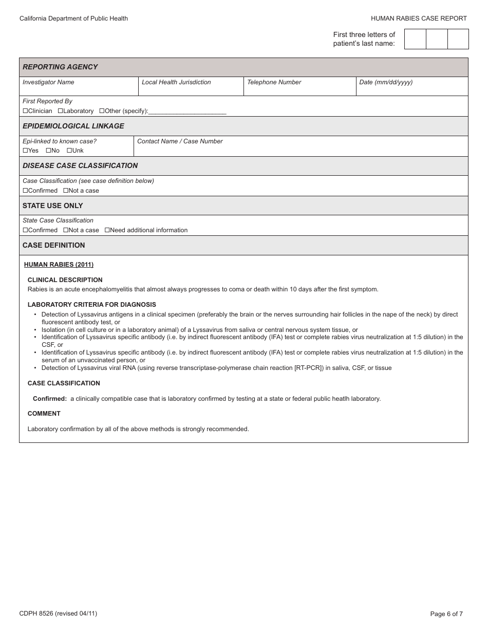 Form CDPH8526 Human Rabies Case Report - California, Page 6