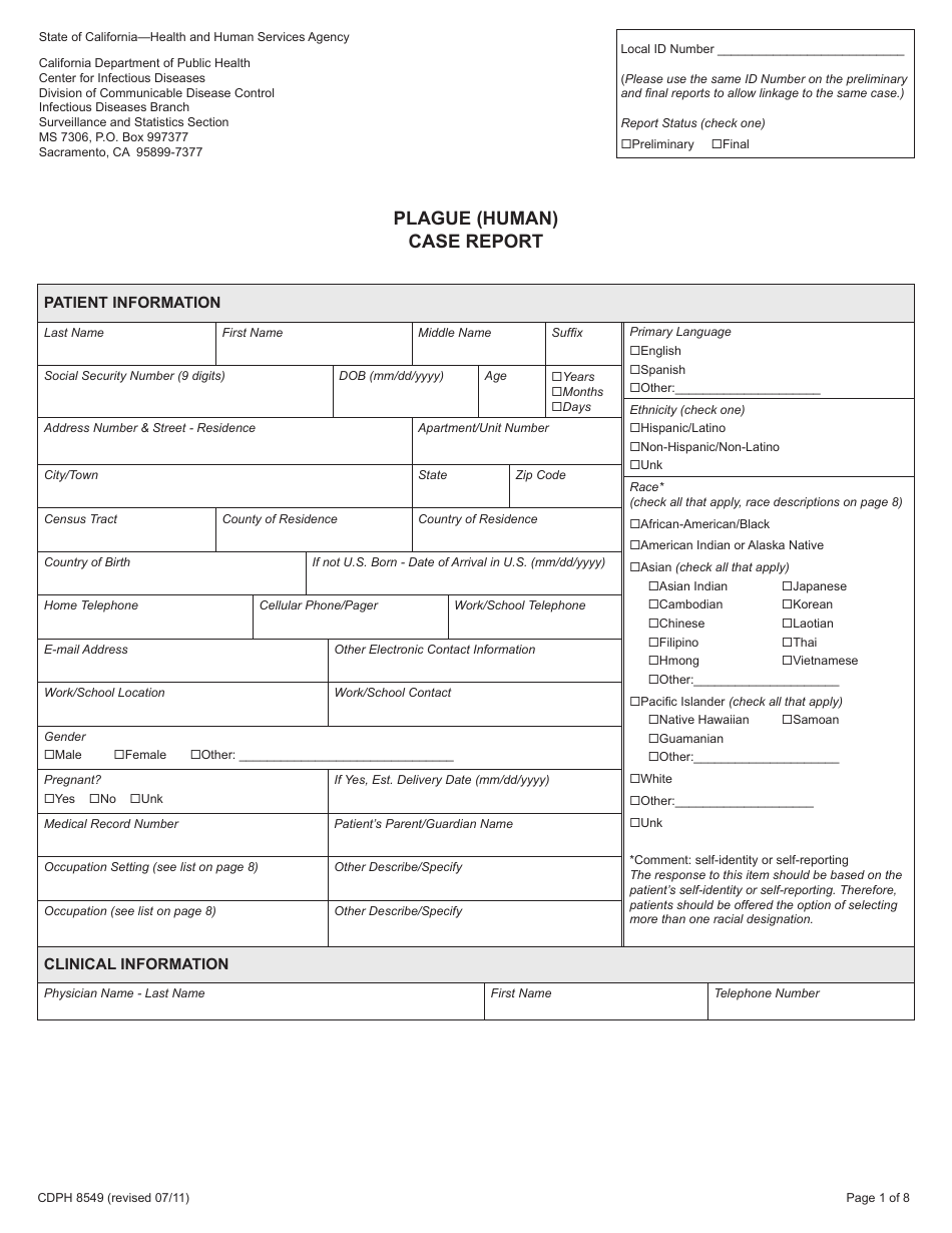 Form CDPH8549 Plague (Human) Case Report - California, Page 1