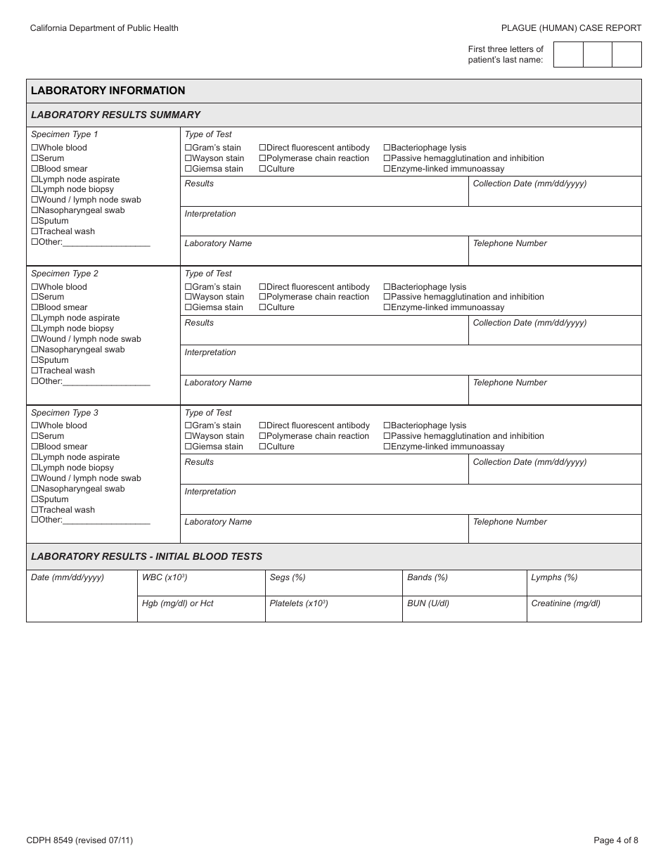 Form CDPH8549 Plague (Human) Case Report - California, Page 4