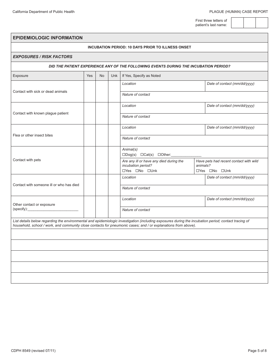 Form CDPH8549 Plague (Human) Case Report - California, Page 5