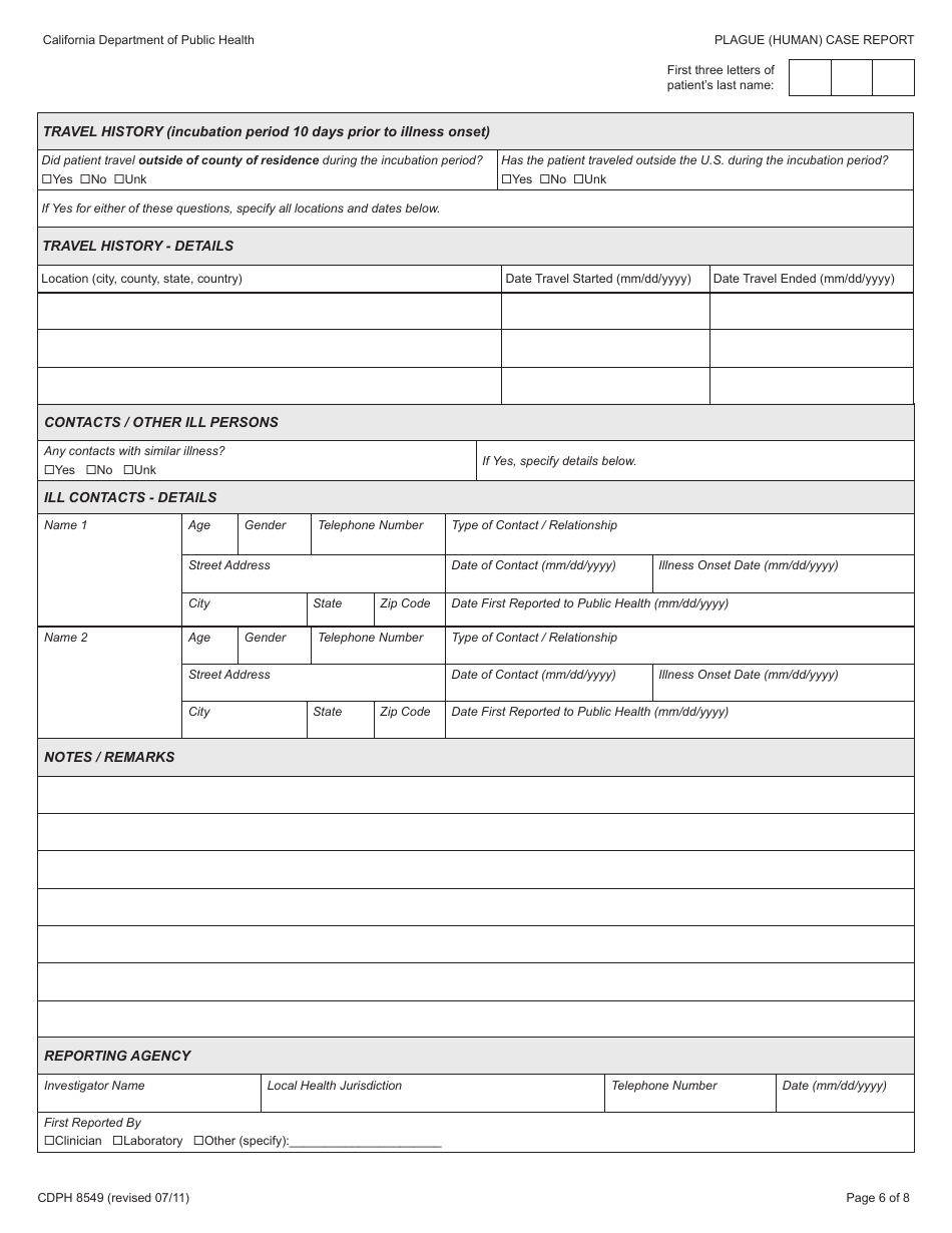 Form CDPH8549 Plague (Human) Case Report - California, Page 6