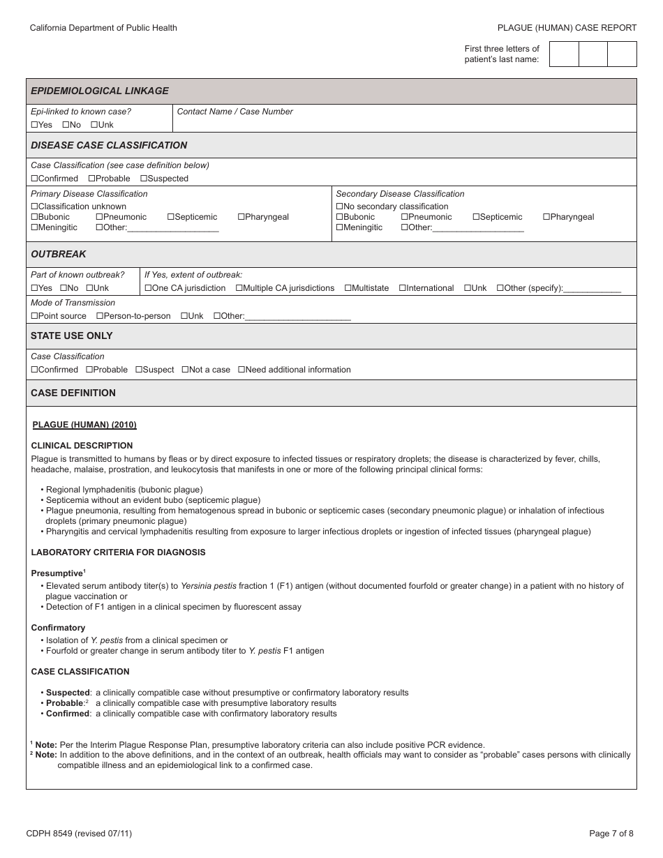 Form CDPH8549 Plague (Human) Case Report - California, Page 7