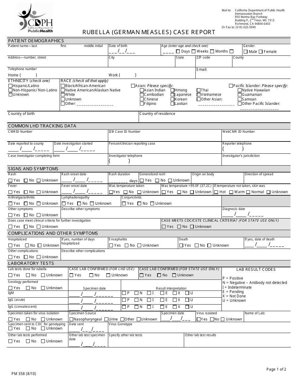 Form PM358 Rubella (German Measles) Case Report - California, Page 1