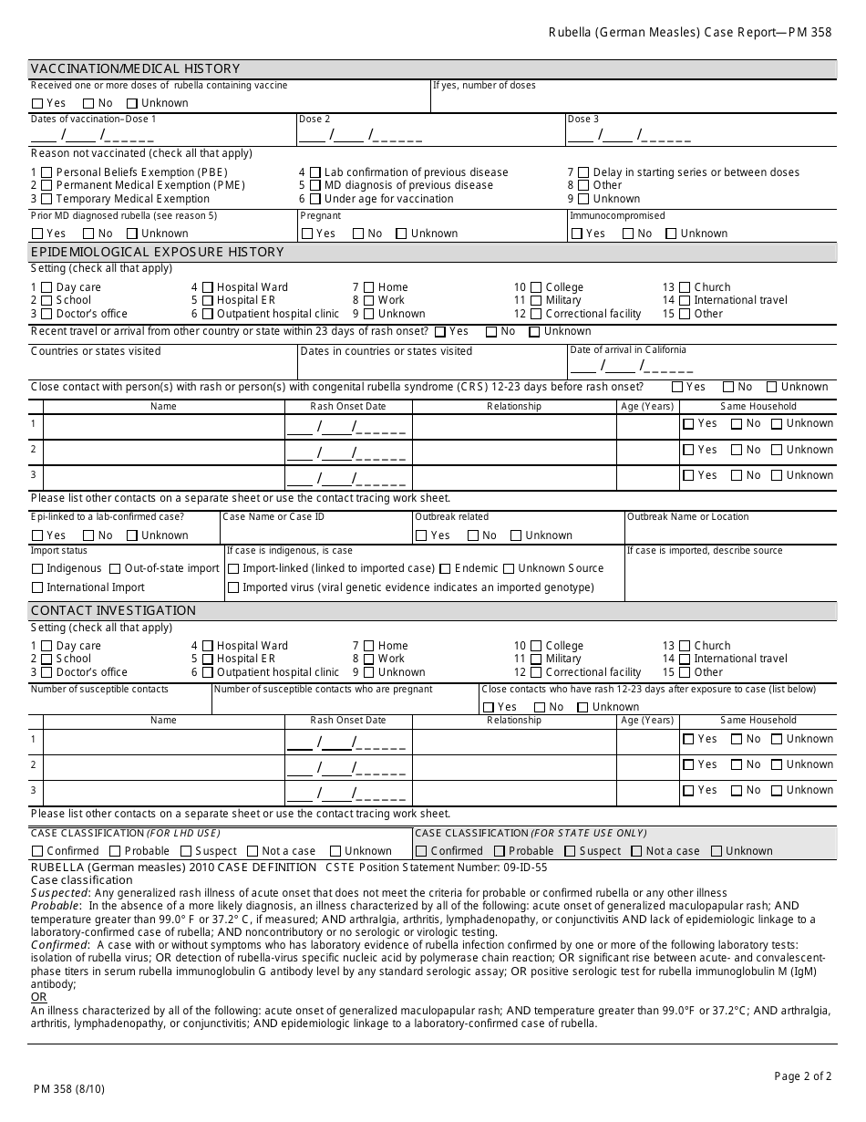 Form PM358 Rubella (German Measles) Case Report - California, Page 2