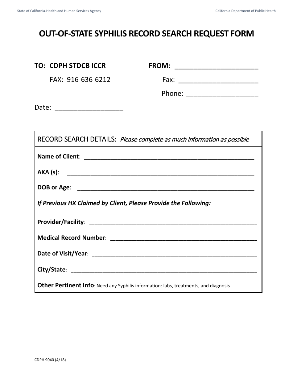 Form CDPH9040 Out-of-State Syphilis Record Search Request Form - California, Page 1