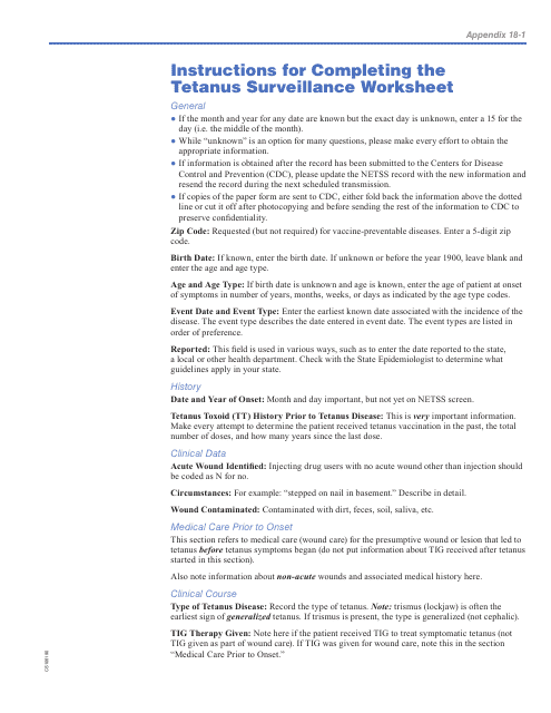 Instructions for Tetanus Surveillance Worksheet Download Pdf