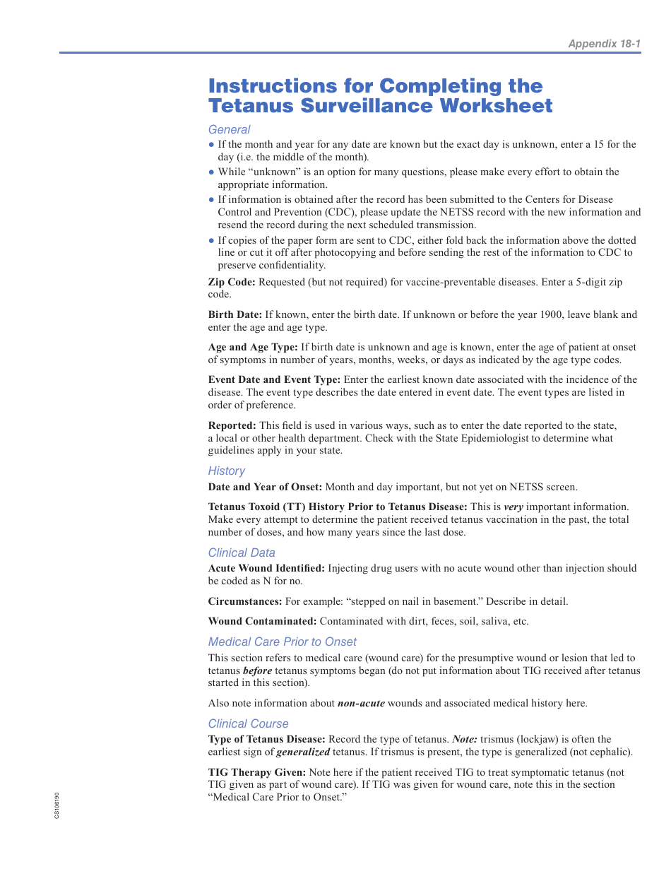 Instructions for Tetanus Surveillance Worksheet, Page 1