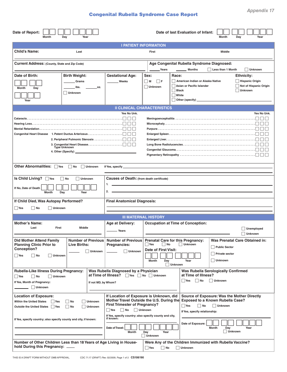 Form CS106190 (CDC71.17) Appendix 17 Congenital Rubella Syndrome Case Report, Page 1