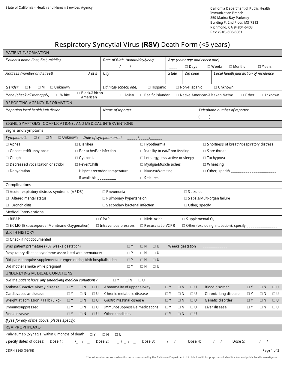 Form CDPH8265 Respiratory Syncytial Virus (Rsv) Death Form ( 5 Years) - California, Page 1