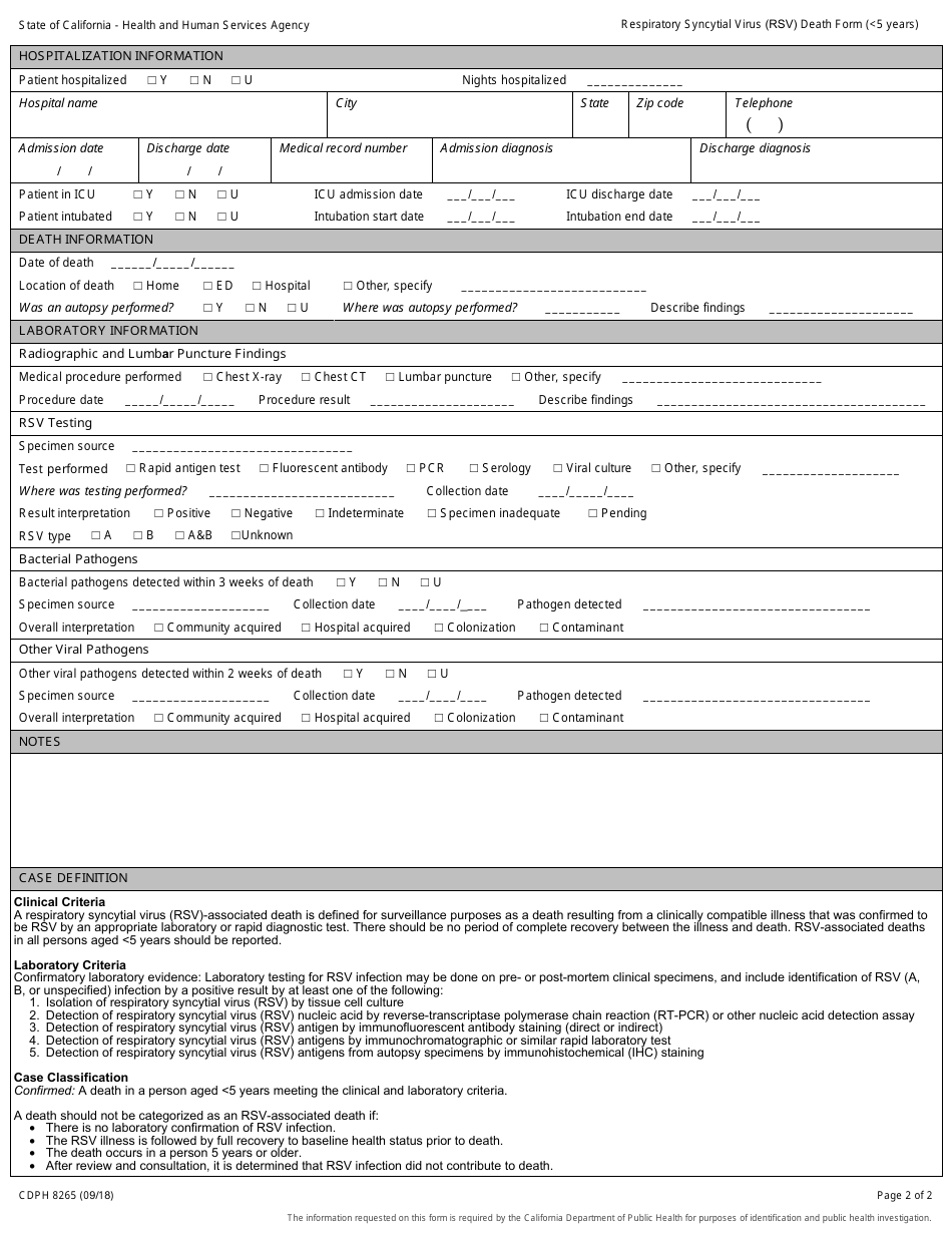 Form CDPH8265 Respiratory Syncytial Virus (Rsv) Death Form ( 5 Years) - California, Page 2