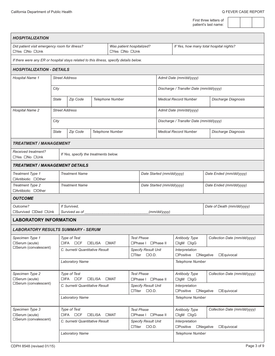 Form CDPH8548 Q Fever Case Report - California, Page 3