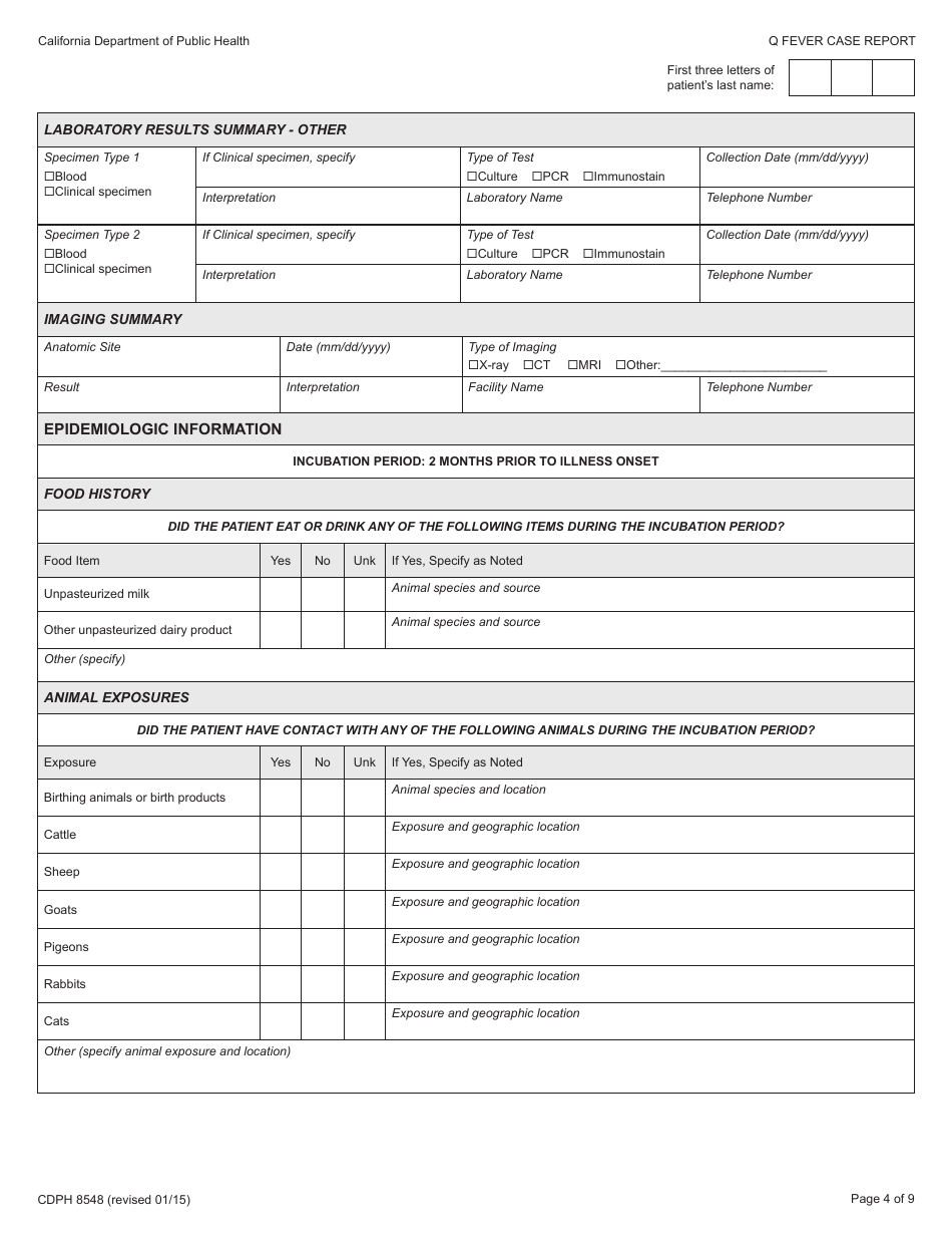 Form CDPH8548 Q Fever Case Report - California, Page 4