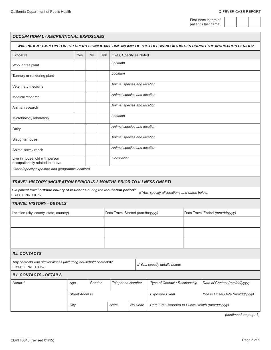 Form CDPH8548 Q Fever Case Report - California, Page 5