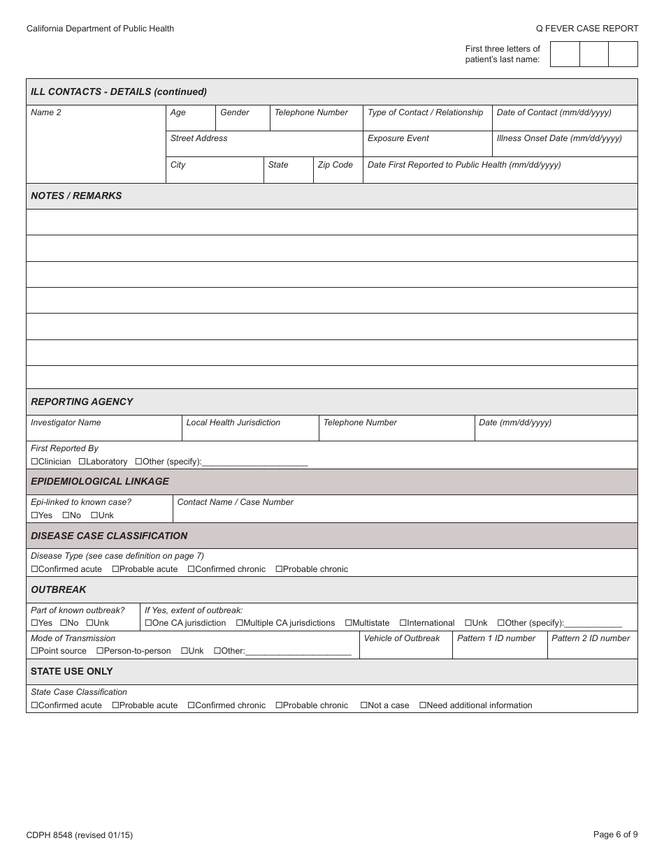 Form CDPH8548 Q Fever Case Report - California, Page 6