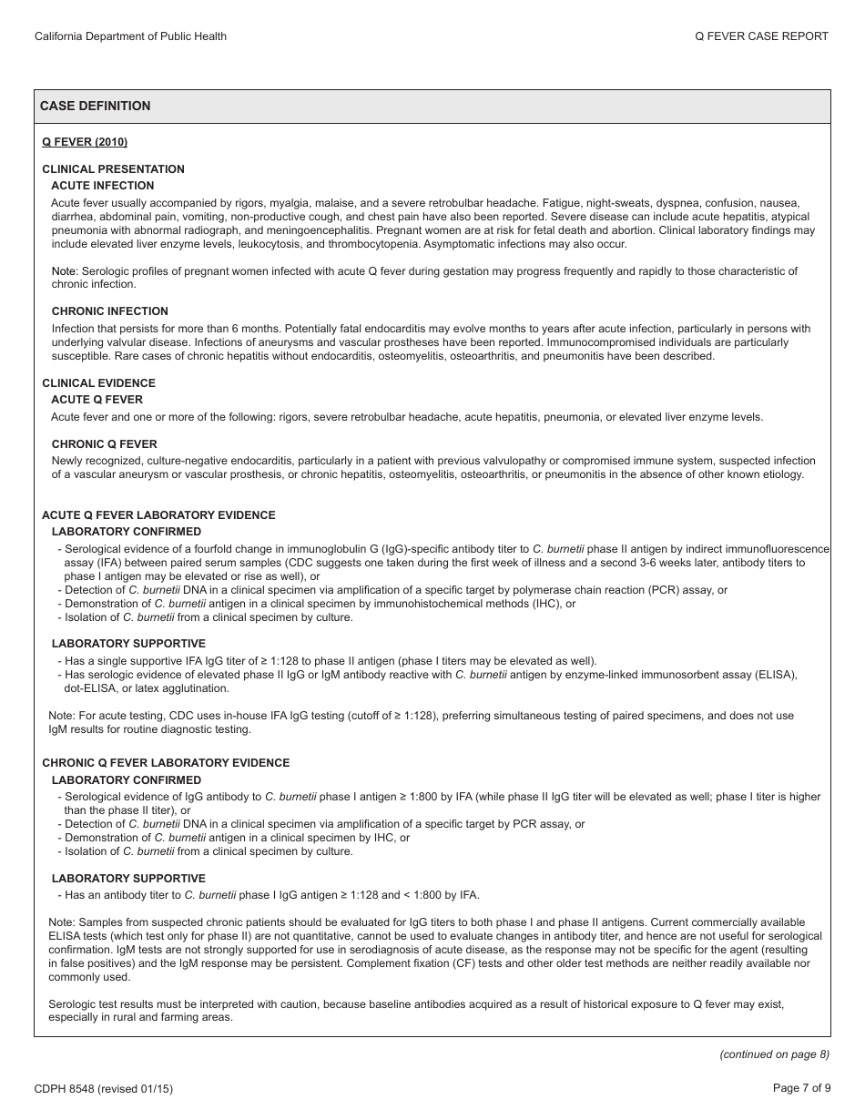 Form CDPH8548 Q Fever Case Report - California, Page 7