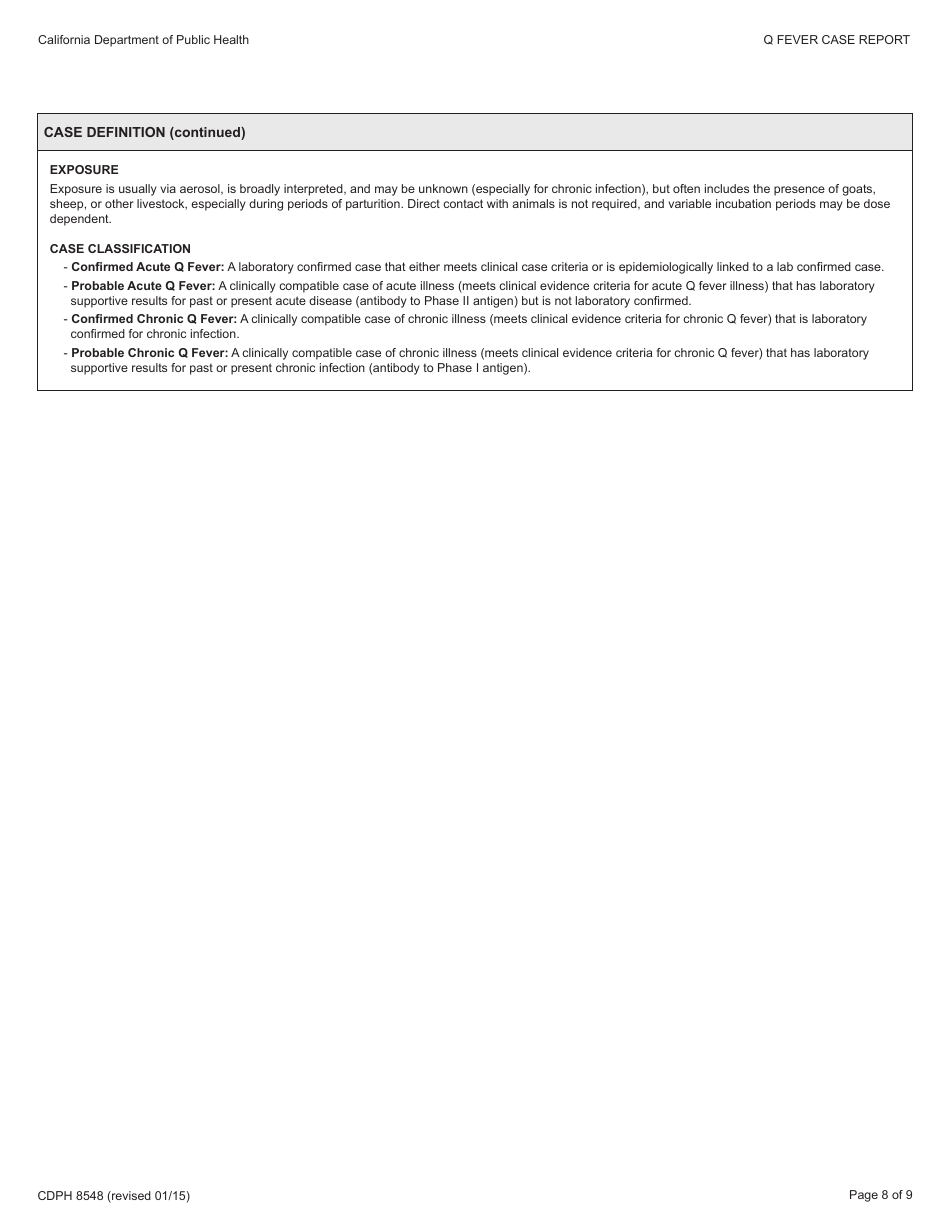 Form CDPH8548 Q Fever Case Report - California, Page 8