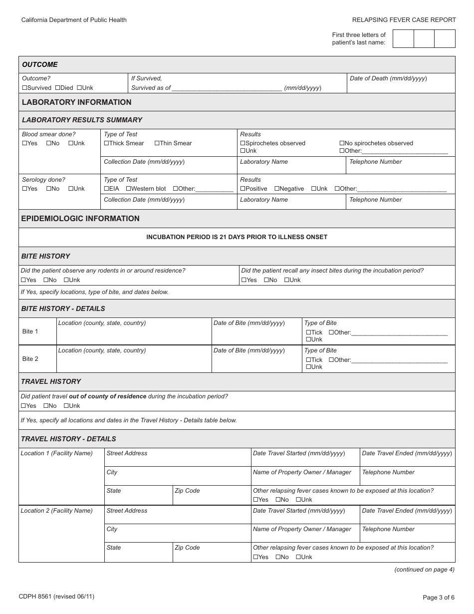 Form CDPH8561 Relapsing Fever Case Report - California, Page 3