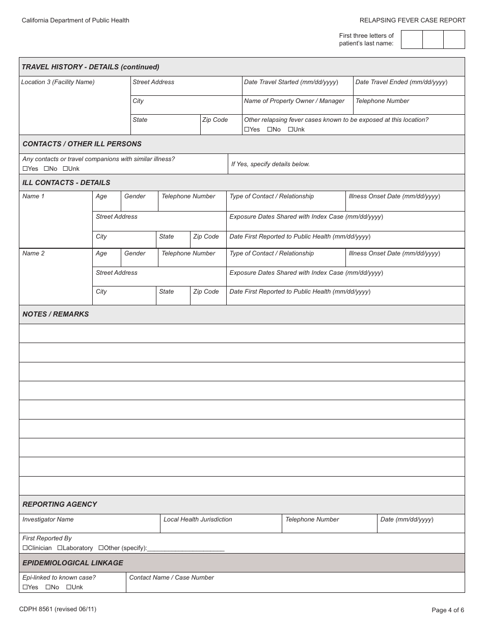 Form CDPH8561 Relapsing Fever Case Report - California, Page 4