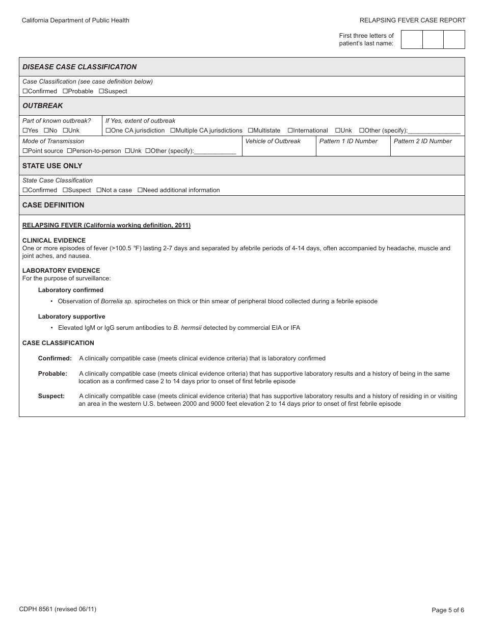 Form CDPH8561 Relapsing Fever Case Report - California, Page 5