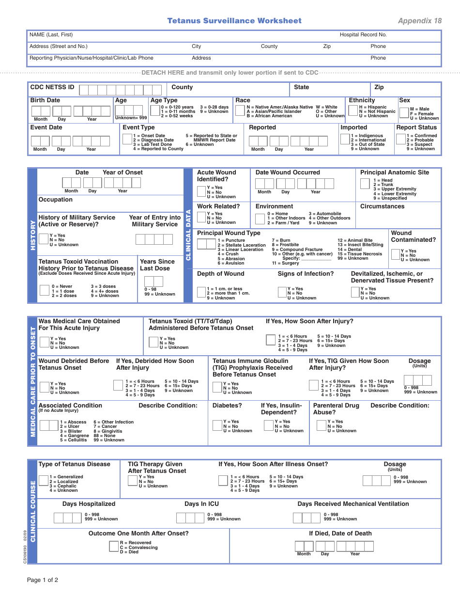 Form CS106190 Appendix 18 Tetanus Surveillance Worksheet, Page 1