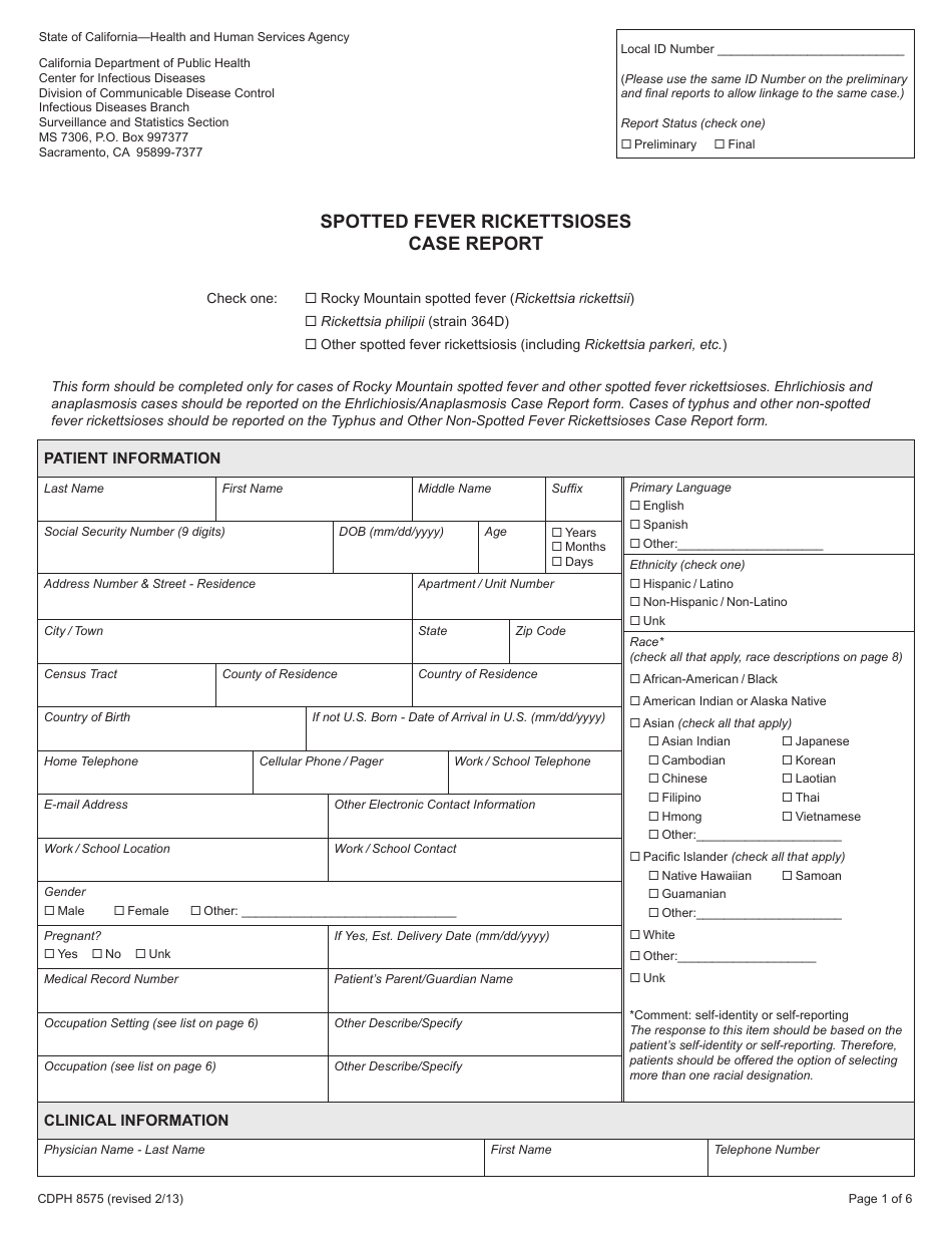Form CDPH8575 Spotted Fever Rickettsioses Case Report - California, Page 1