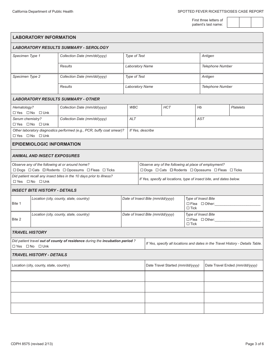 Form CDPH8575 Spotted Fever Rickettsioses Case Report - California, Page 3