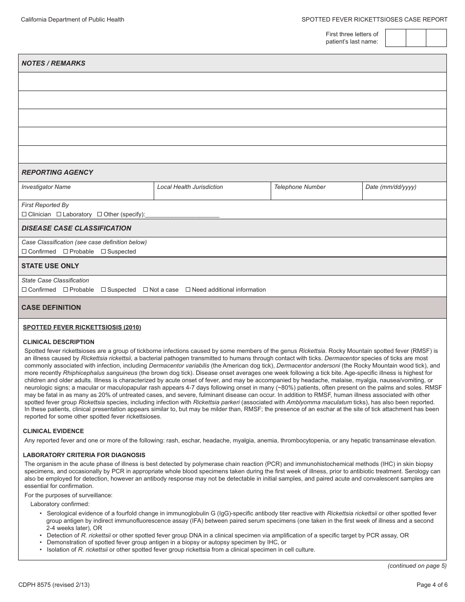 Form CDPH8575 Spotted Fever Rickettsioses Case Report - California, Page 4