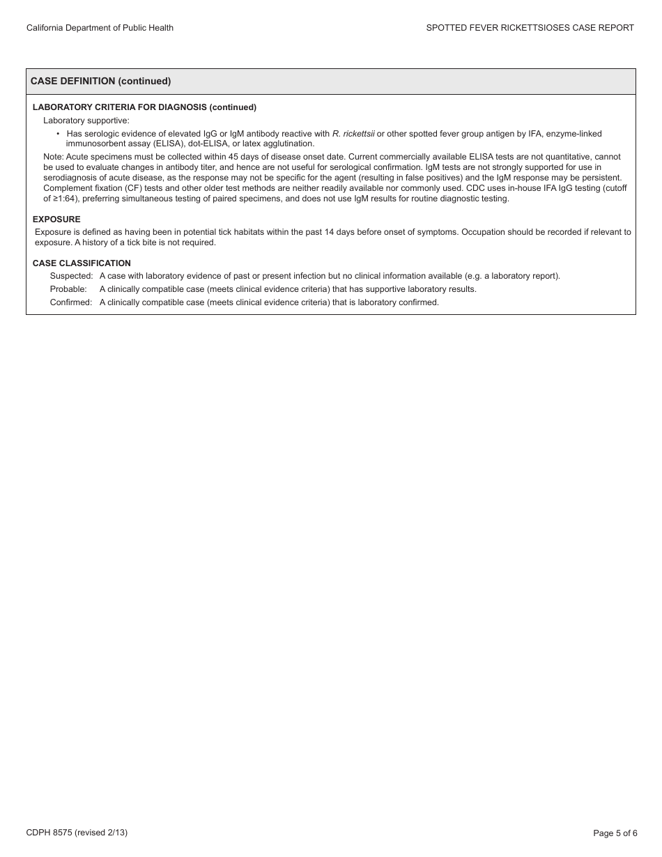 Form CDPH8575 Spotted Fever Rickettsioses Case Report - California, Page 5