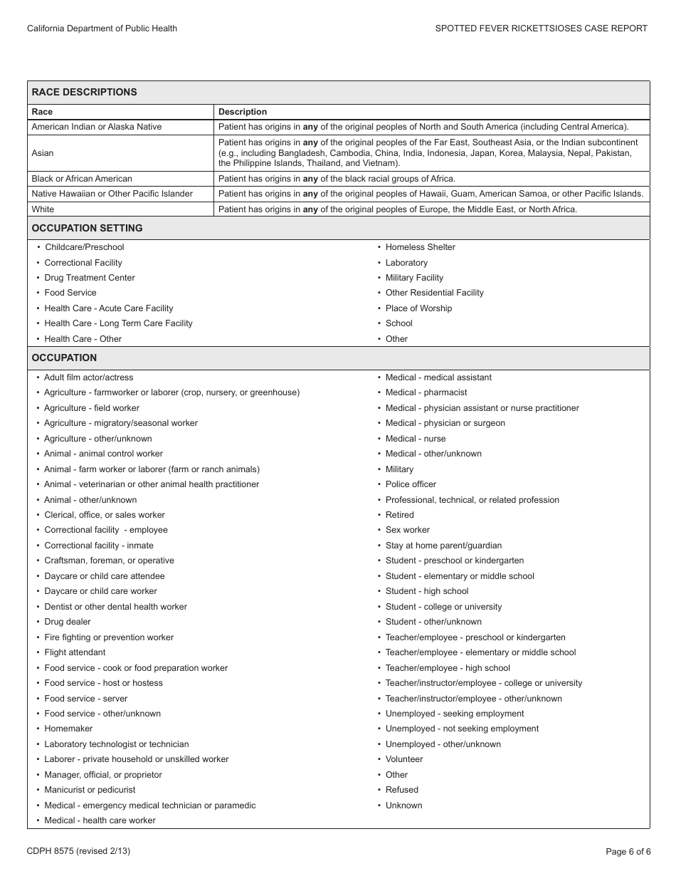 Form CDPH8575 Spotted Fever Rickettsioses Case Report - California, Page 6