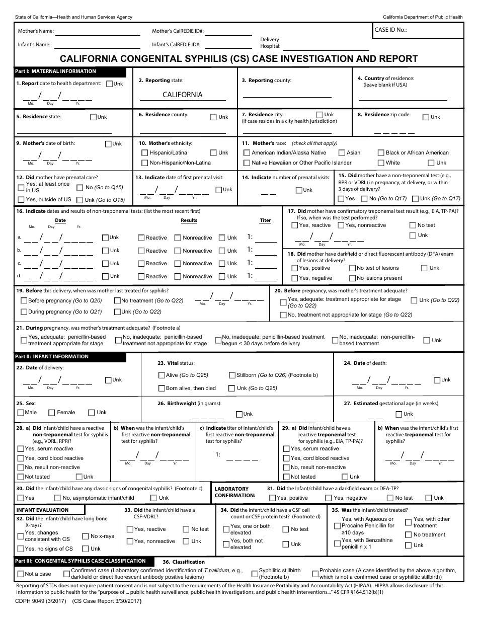 Form CDPH9049 California Congenital Syphilis (Cs) Case Investigation and Report - California, Page 1