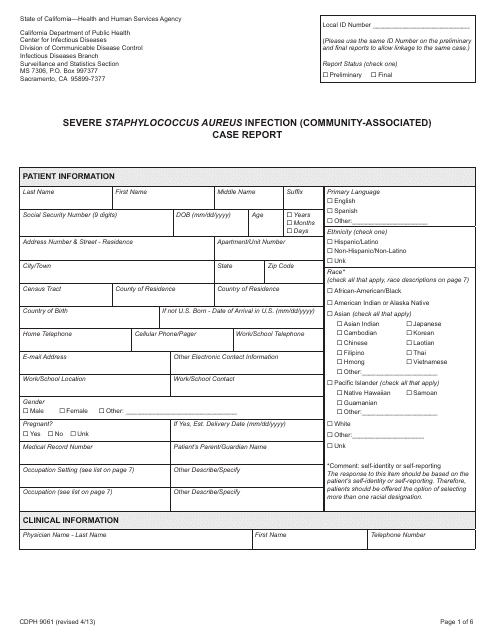Form CDPH9061 Severe Staphylococcus Aureus Infection (Community-Associated) Case Report - California
