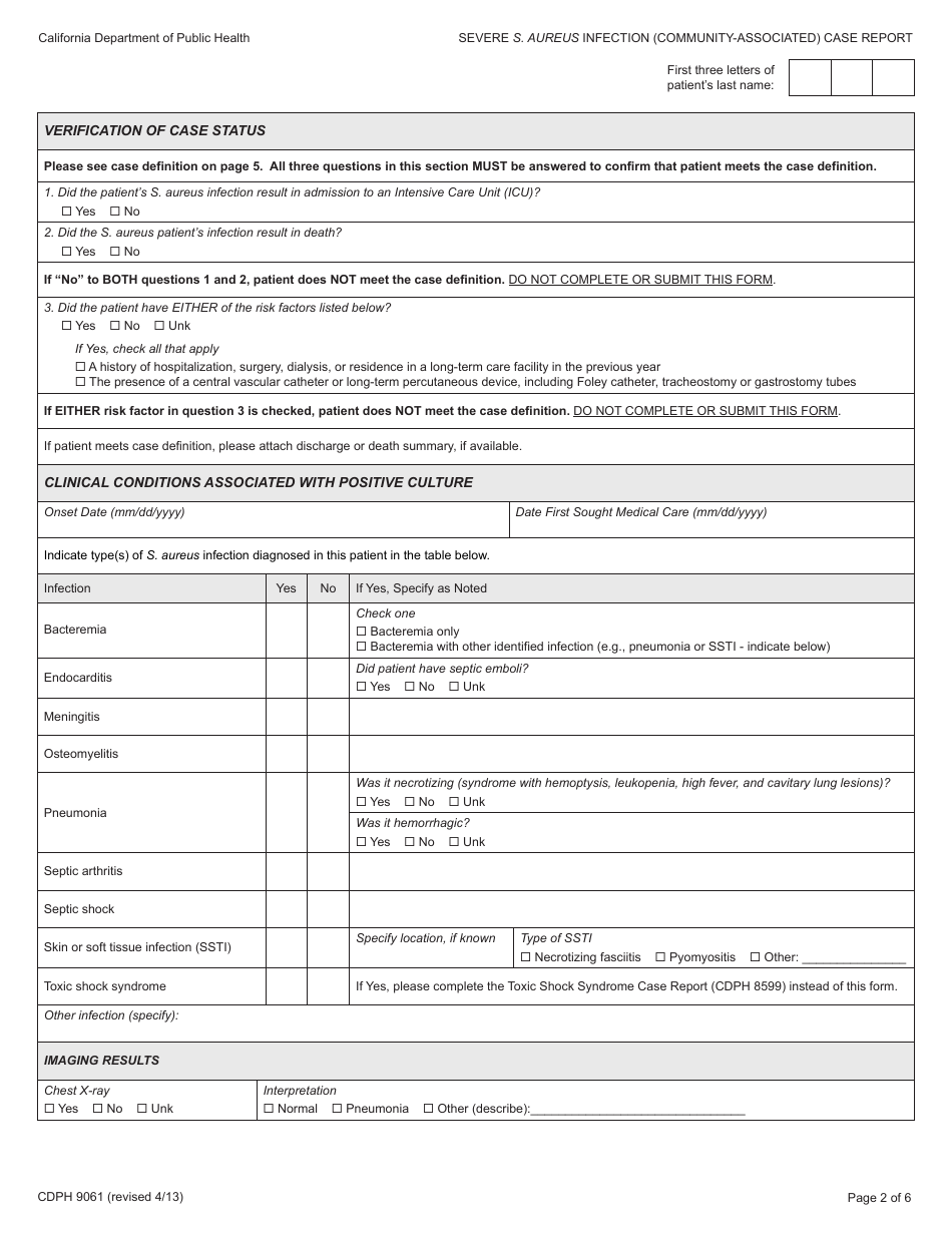 Form CDPH9061 Severe Staphylococcus Aureus Infection (Community-Associated) Case Report - California, Page 2