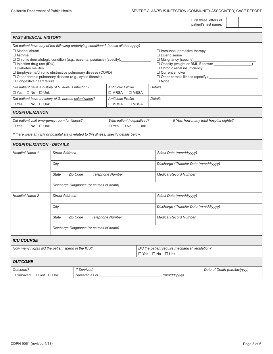 Form CDPH9061 Severe Staphylococcus Aureus Infection (Community-Associated) Case Report - California, Page 3
