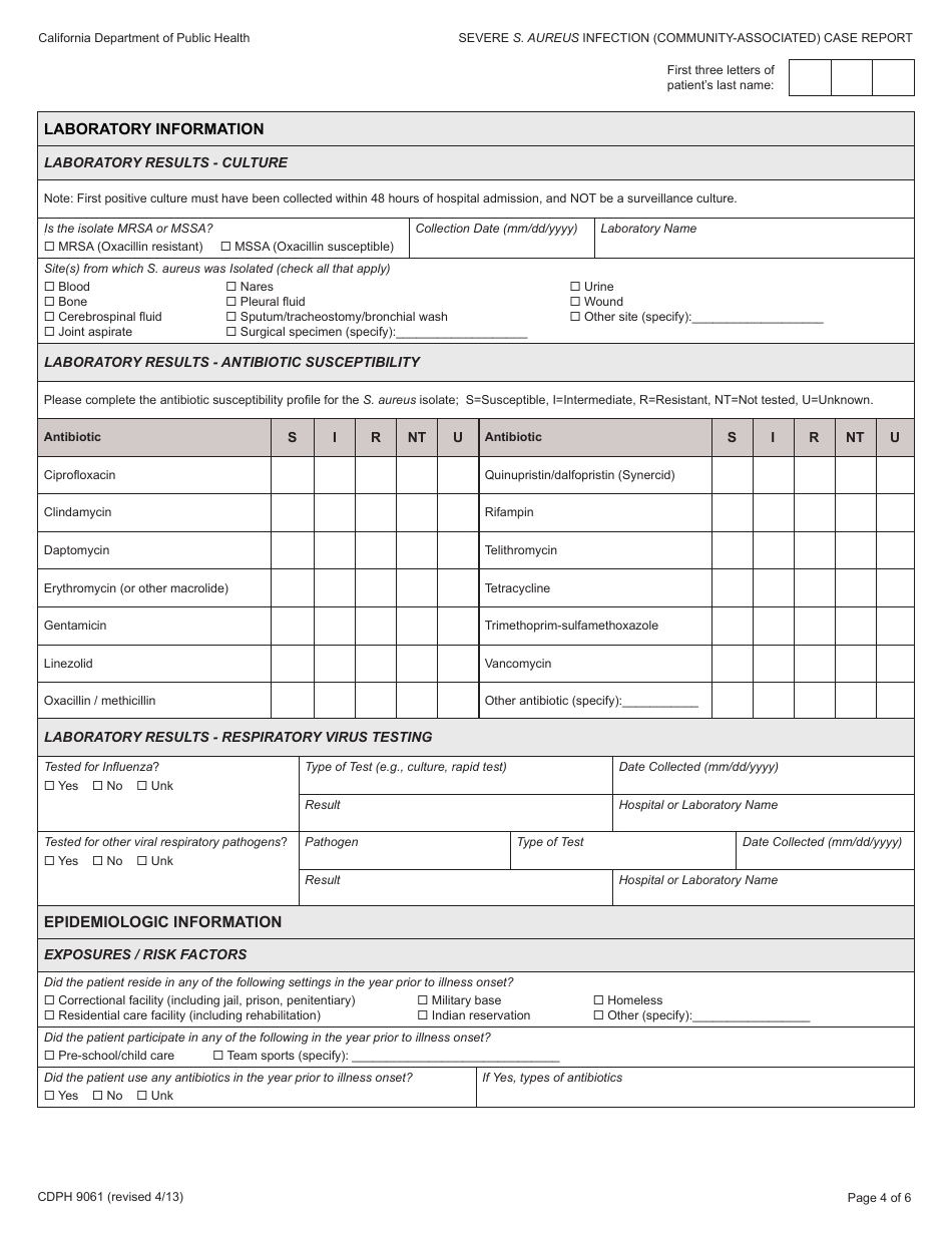 Form CDPH9061 Severe Staphylococcus Aureus Infection (Community-Associated) Case Report - California, Page 4