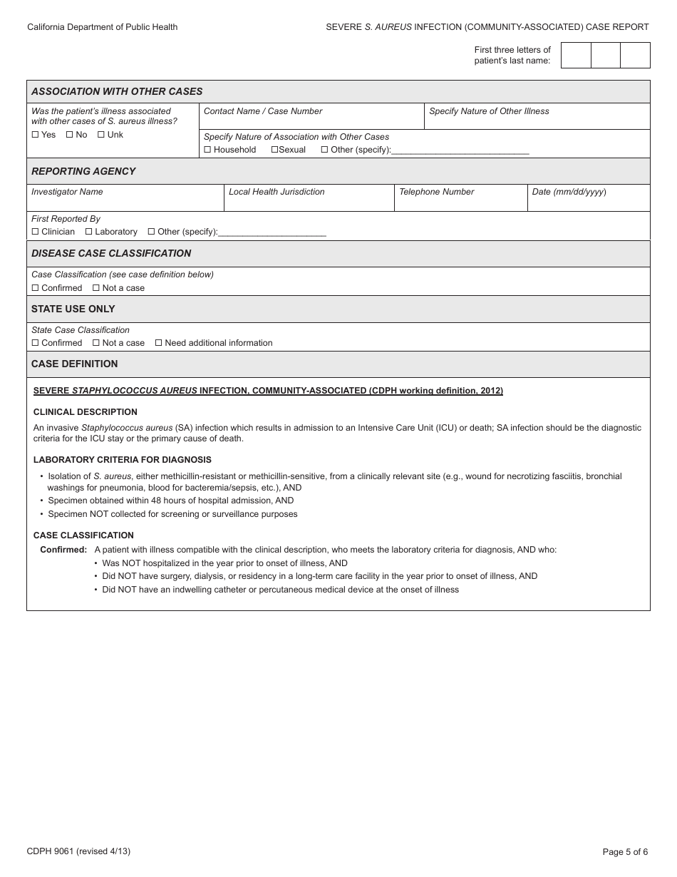 Form CDPH9061 Severe Staphylococcus Aureus Infection (Community-Associated) Case Report - California, Page 5