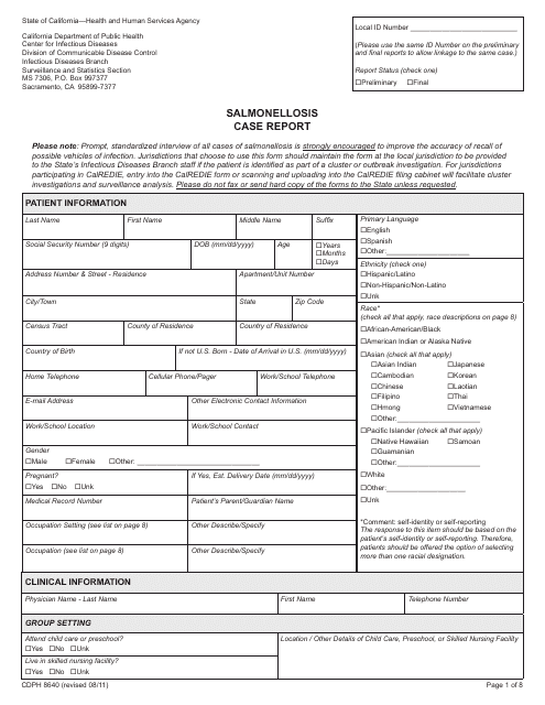 Form CDPH8640 Salmonellosis Case Report - California