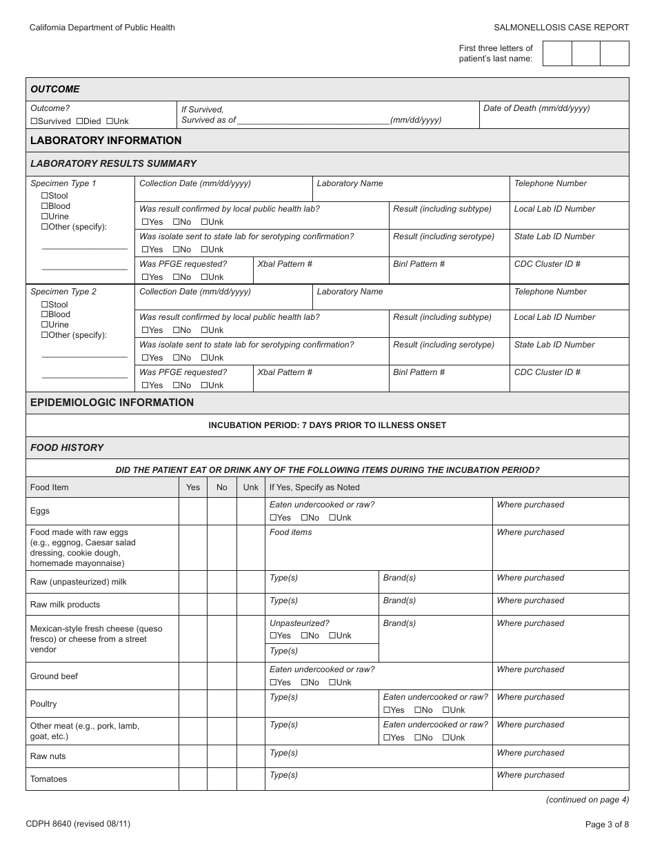 Form CDPH8640 Salmonellosis Case Report - California, Page 3