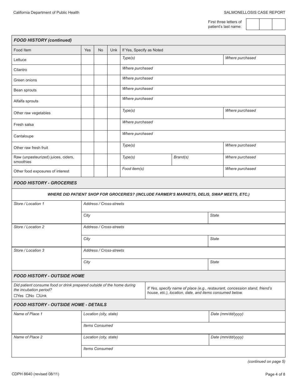 Form CDPH8640 Salmonellosis Case Report - California, Page 4