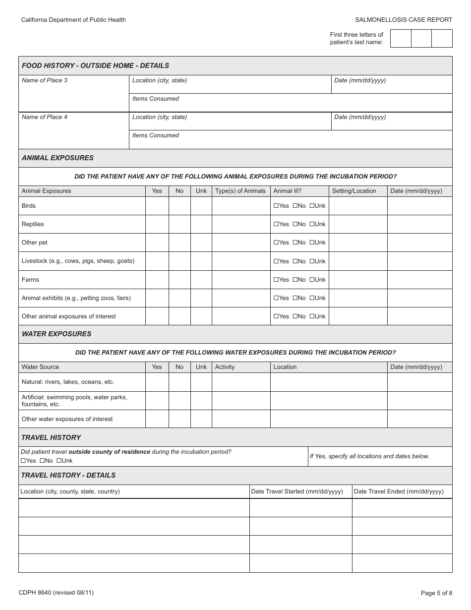 Form CDPH8640 Salmonellosis Case Report - California, Page 5