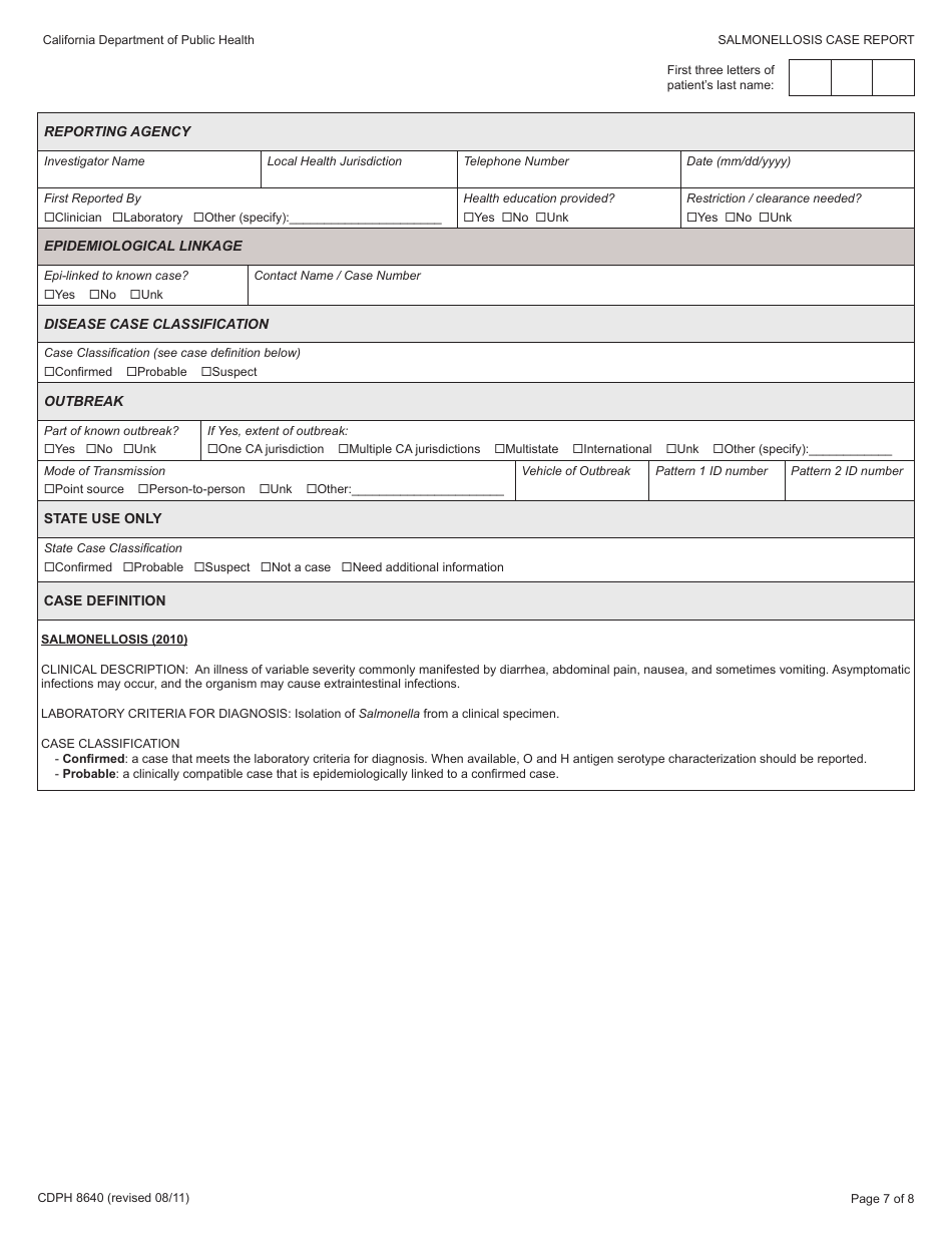 Form CDPH8640 Salmonellosis Case Report - California, Page 7
