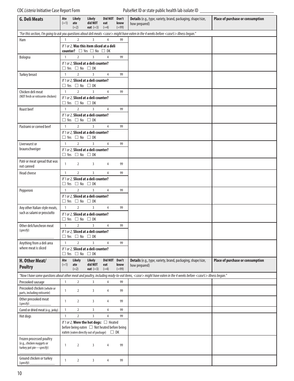 CDC Listeria Initiative Case Report Form, Page 10