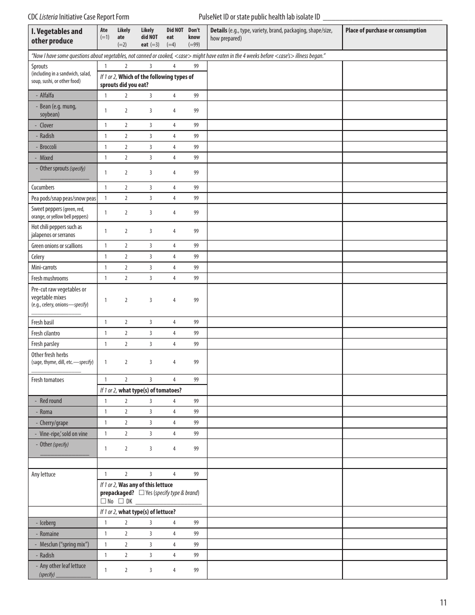 CDC Listeria Initiative Case Report Form, Page 11