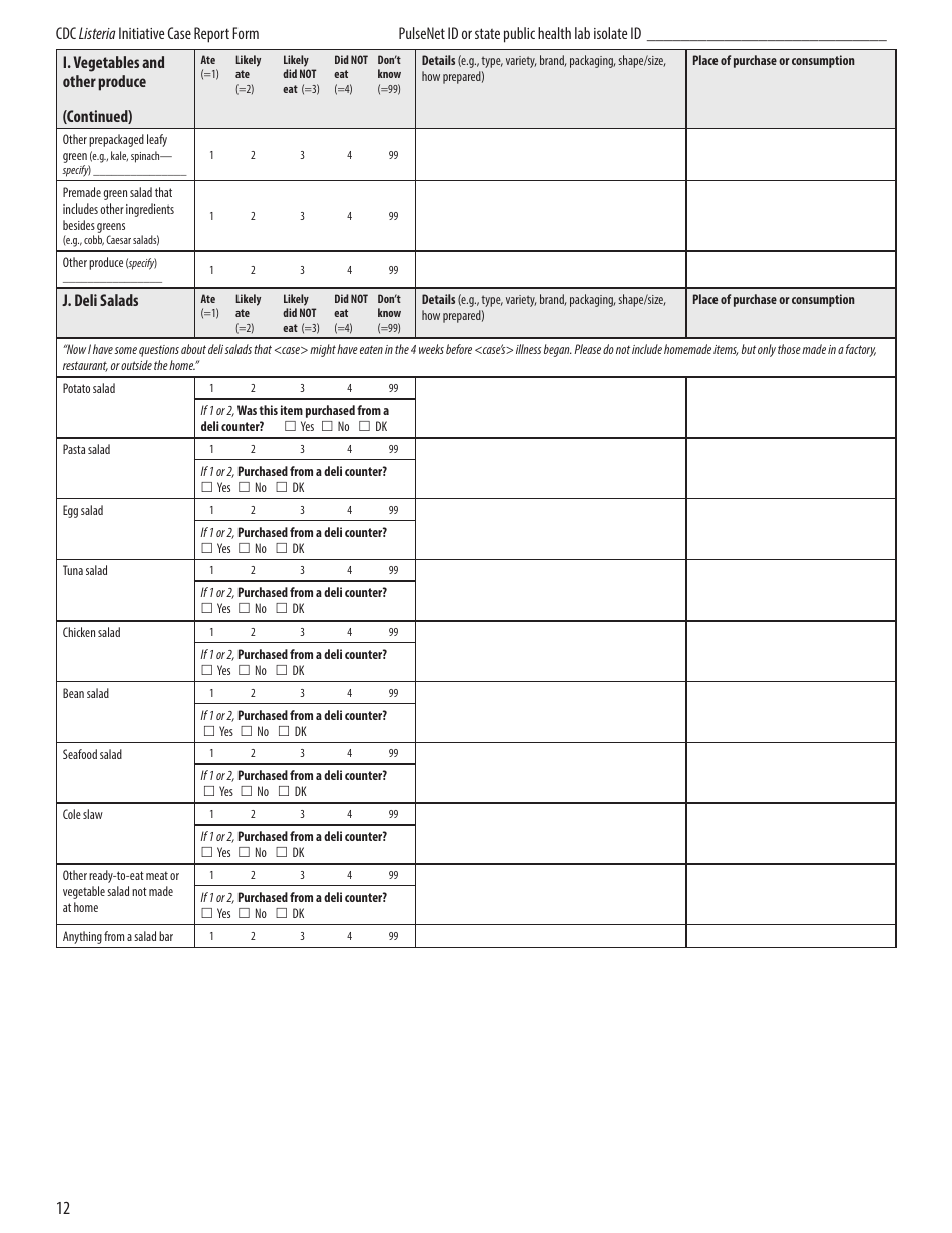 CDC Listeria Initiative Case Report Form, Page 12