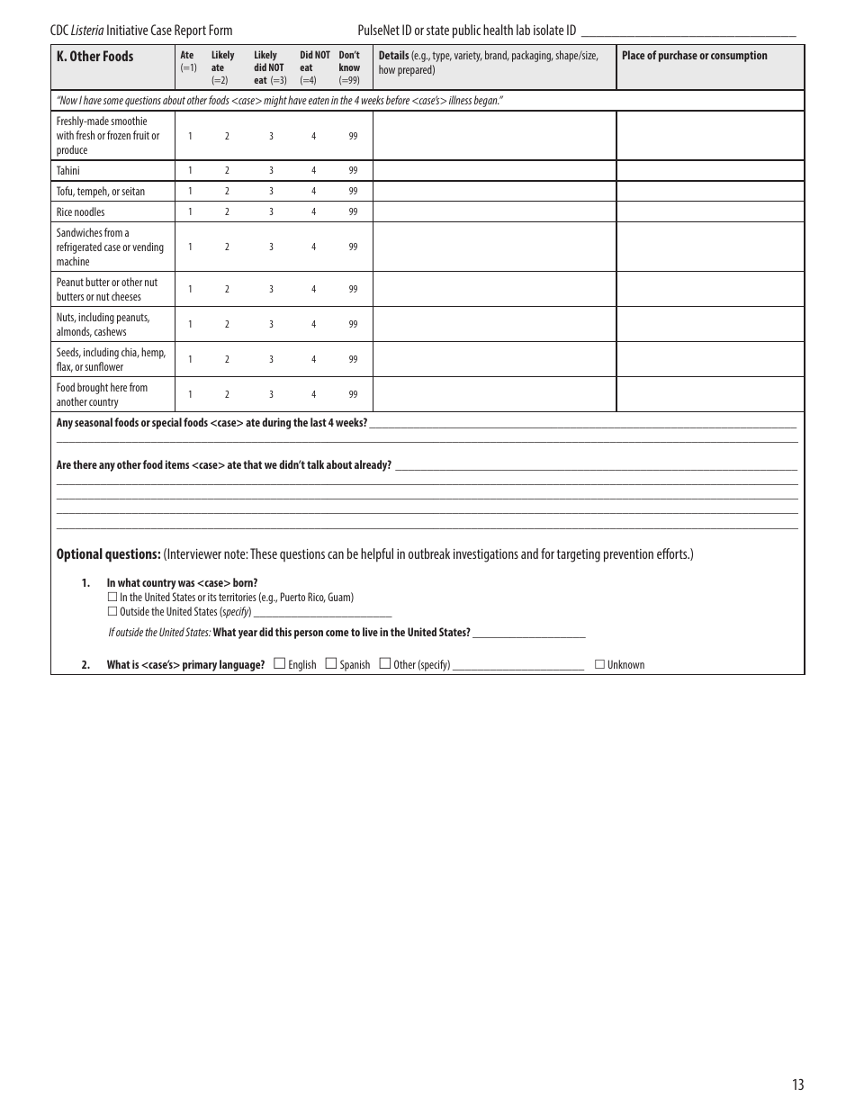 CDC Listeria Initiative Case Report Form, Page 13