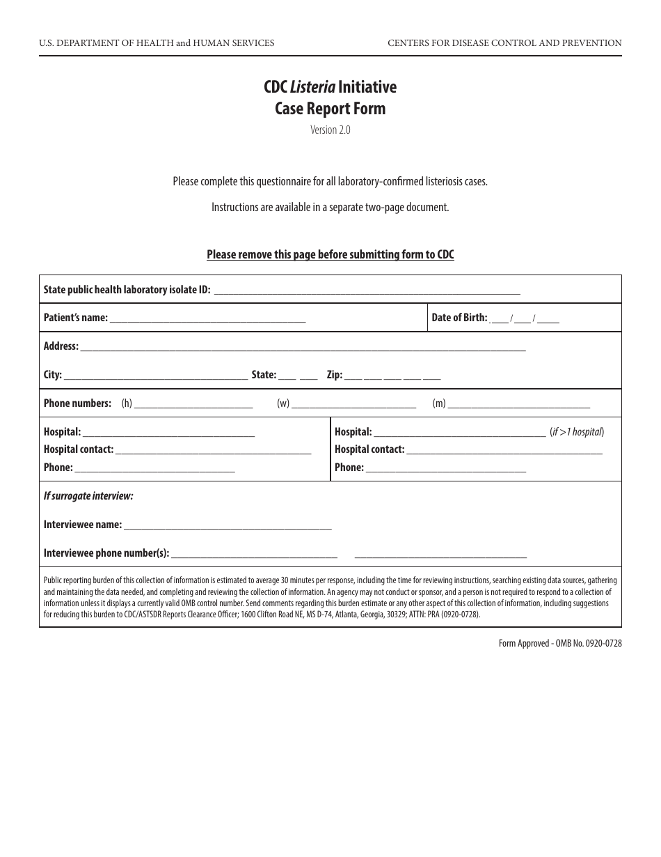 CDC Listeria Initiative Case Report Form, Page 1